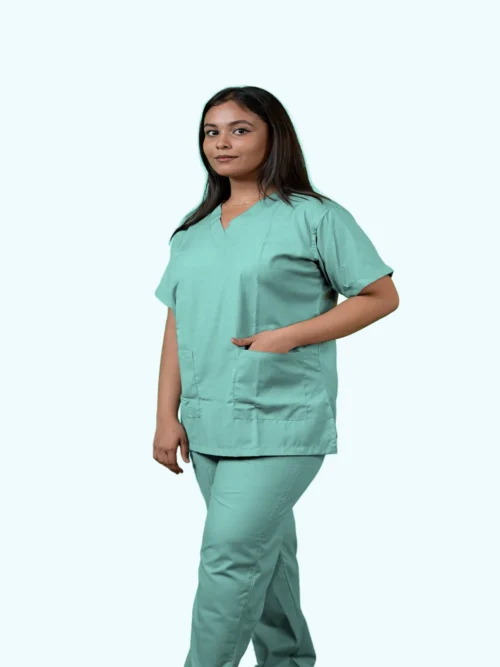 Pista Green scrub suit, front view
