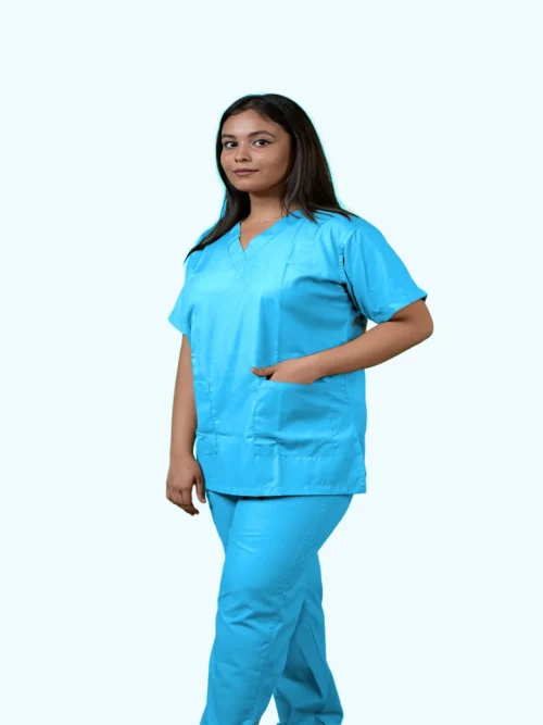 Turquoise Blue scrub suit, front view