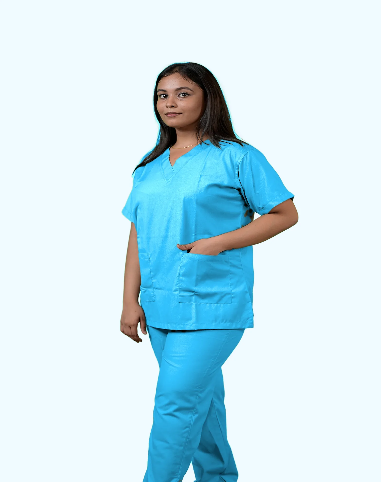 Turquoise Blue scrub suit, front view