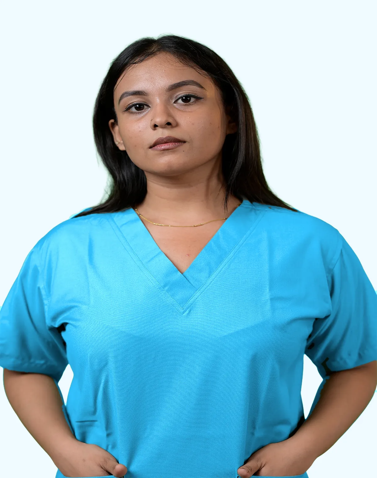 Turquoise Blue scrub suit, close-up of the V-neck